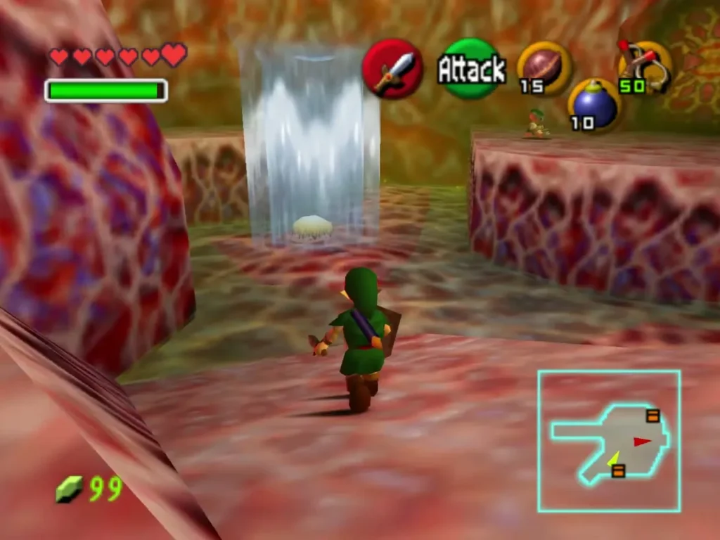 Link walking toward a waterfall in a red corridor Link walking toward a waterfall in a red corridor