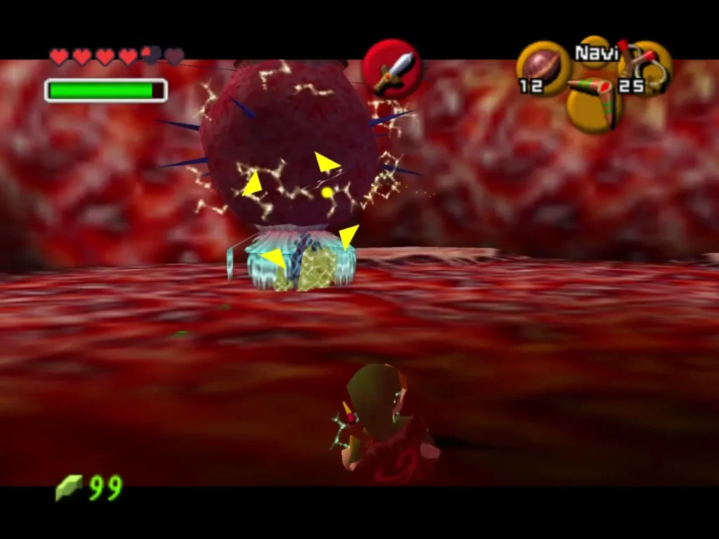 Barinade's wounded core firing electric bolts in all directions as Link circles Barinade's wounded core firing electric bolts in all directions as Link circles