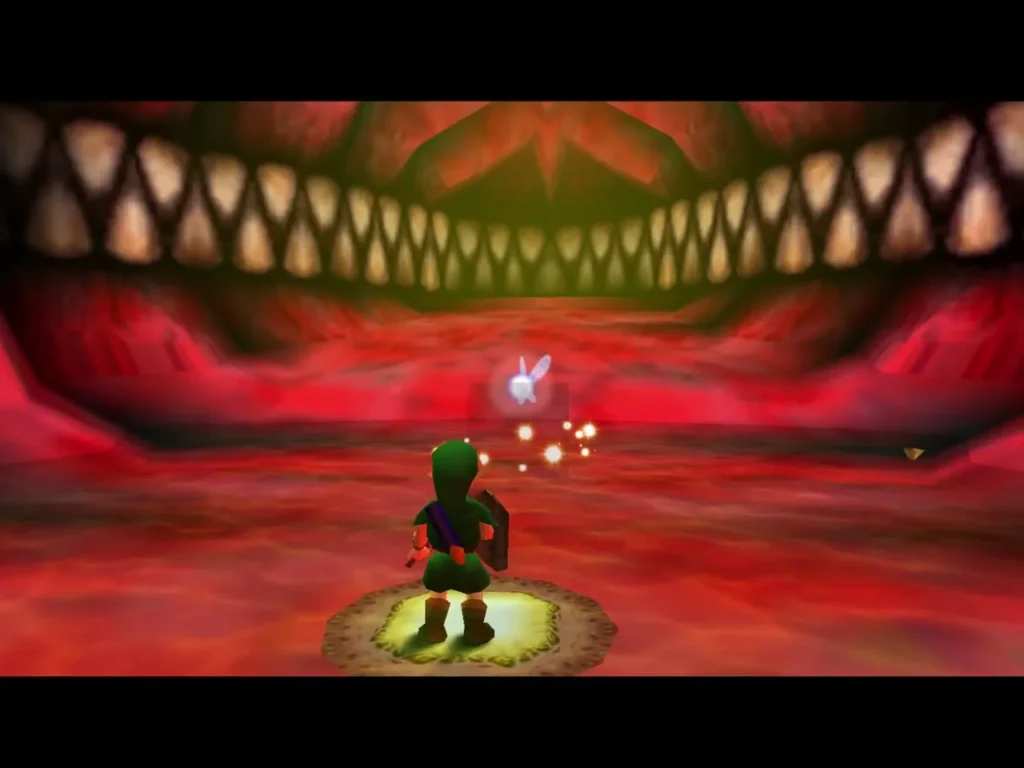 Link standing on a glowing yellow floor switch in the belly chamber Link standing on a glowing yellow floor switch in the belly chamber
