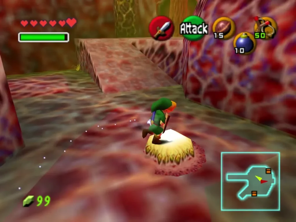 Link standing on a glowing yellow pad in a red corridor Link standing on a glowing yellow pad in a red corridor