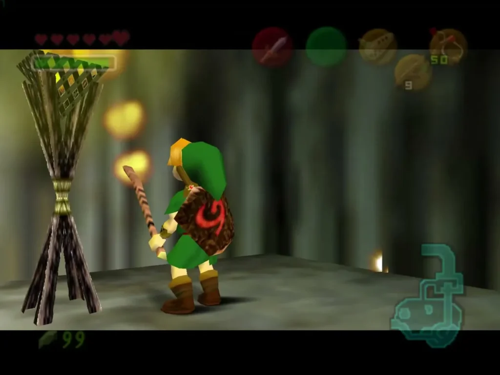 Link holding a Deku Stick in a cave beside a tripod torch Link holding a Deku Stick in a cave beside a tripod torch