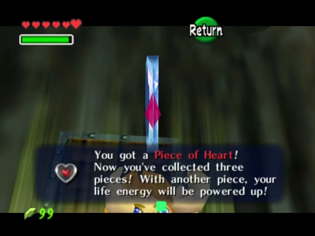 Link holding up a Piece of Heart with its name box on screen Link holding up a Piece of Heart with its name box on screen