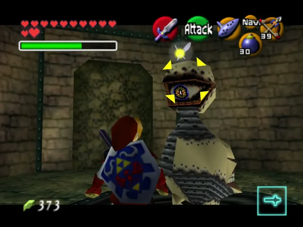 Link facing an eye-topped Beamos statue in a small Shadow Temple room
