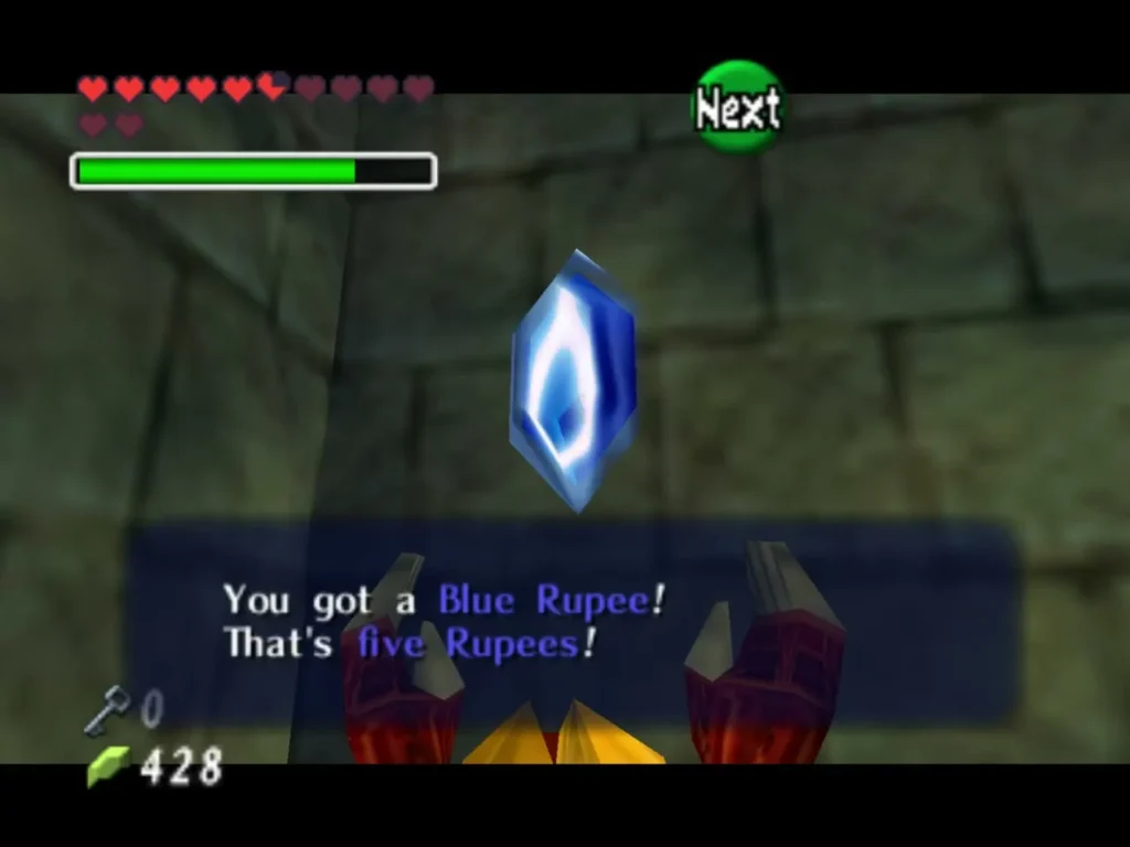 A Blue Rupee held up as the reward from a chest in Shadow Temple