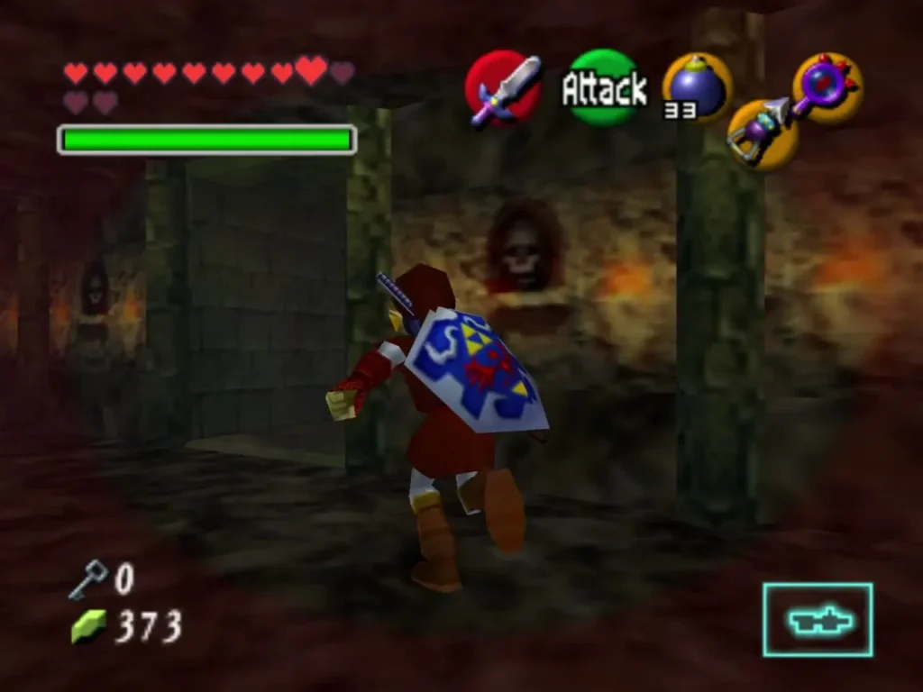 Link walking through a red-lit stone hall lined with carved faces