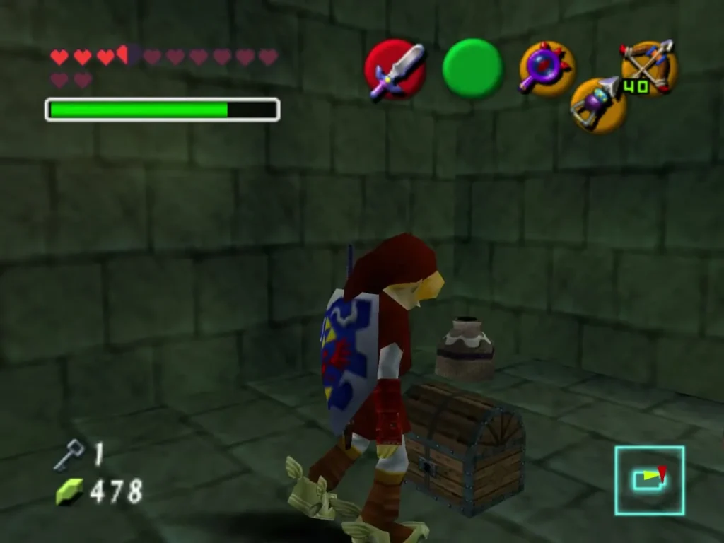 Link beside a wooden chest and a clay pot in a Shadow Temple room