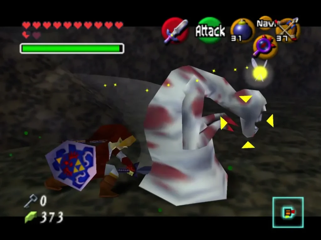 Link attacking the Dead Hand while its skull head is lowered toward the floor