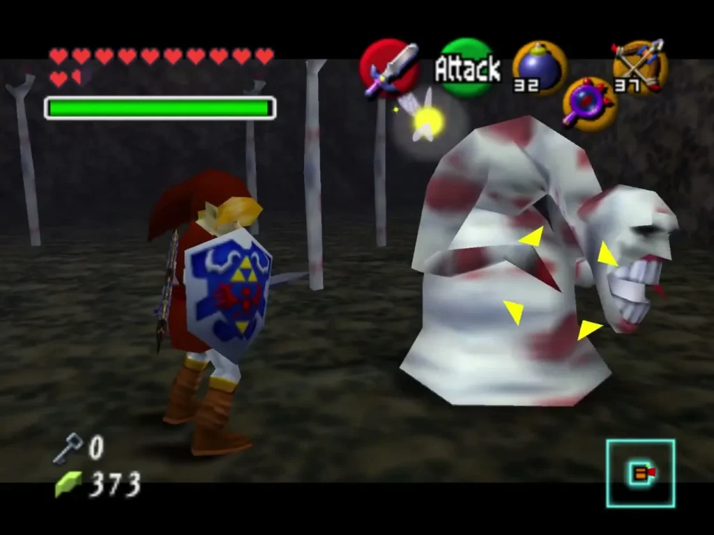 Link facing the Dead Hand's white skull-faced body in a dim stone room