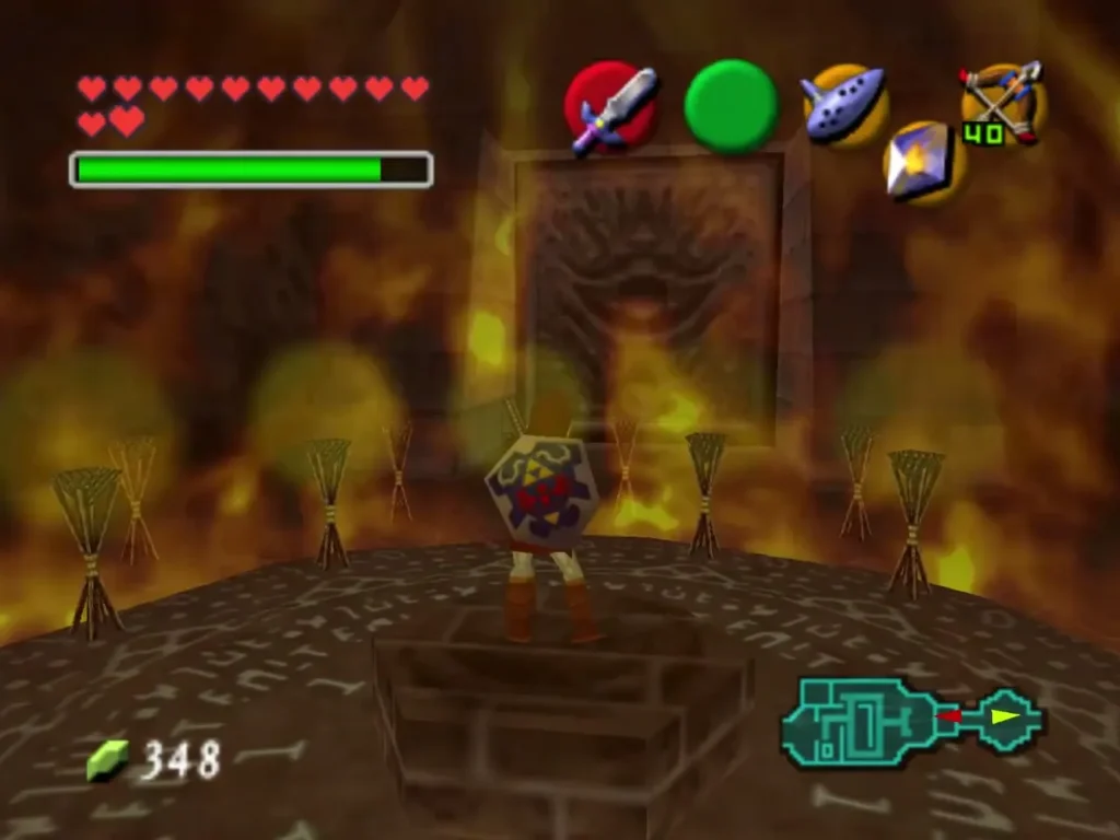 Link on the middle platform of the round chamber as Din's Fire fills the room