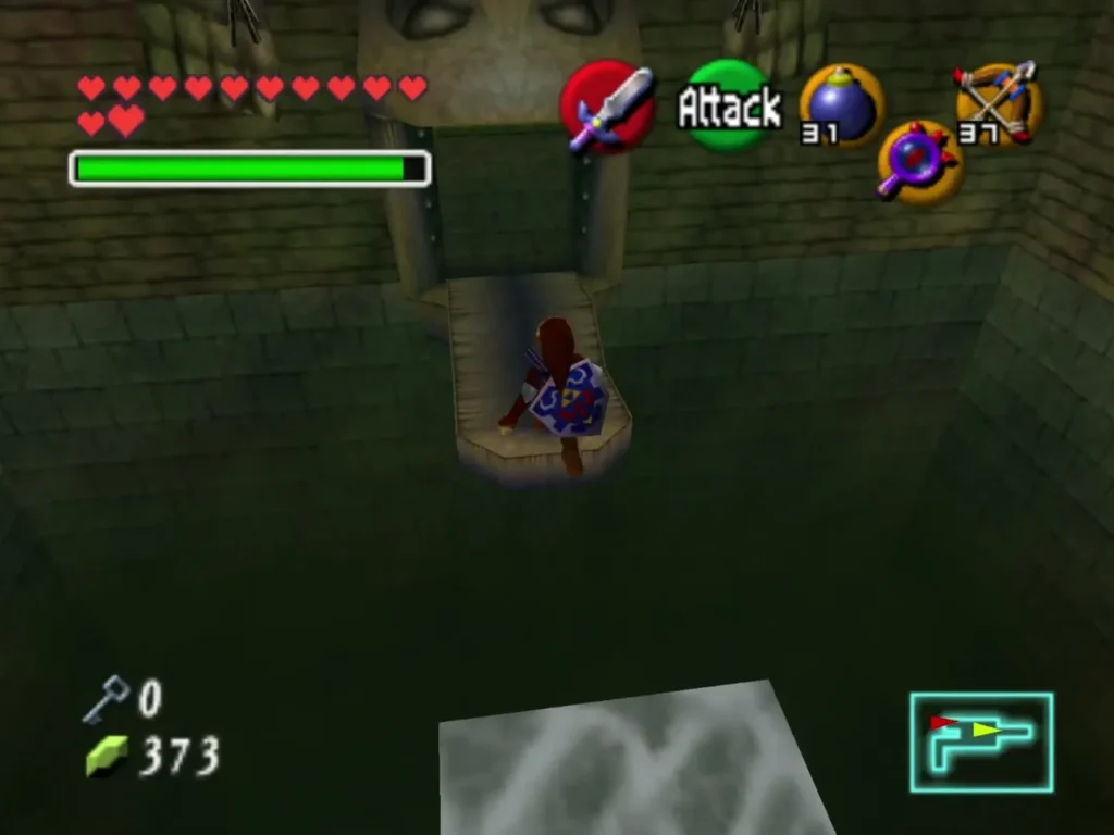 Link standing on a small platform in a green-lit room deeper in the Shadow Temple