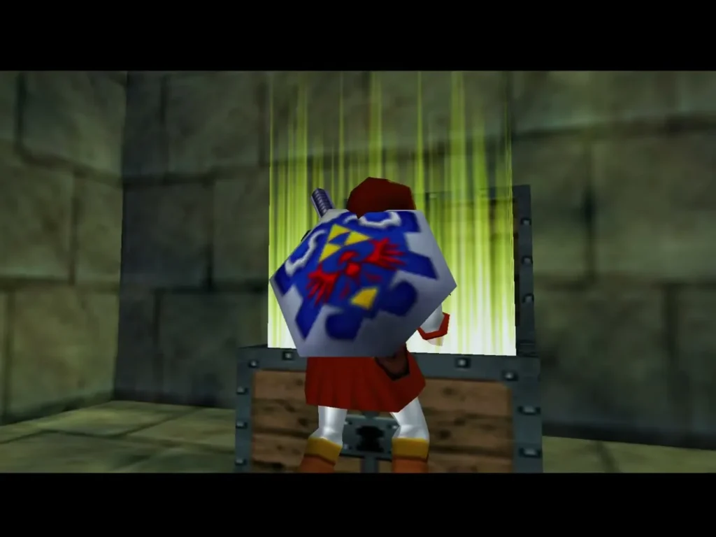 Link beside a treasure chest with light streaming out of it