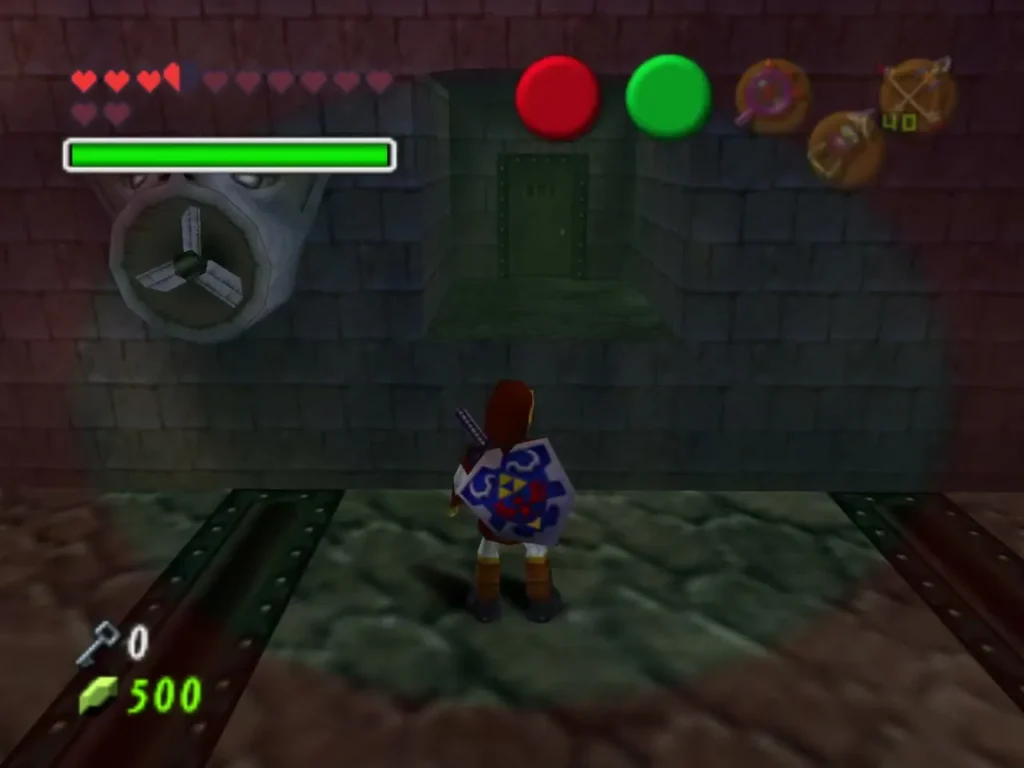 Link facing a closed door at the end of a Shadow Temple fan corridor