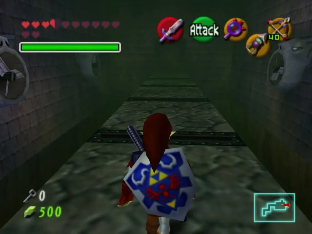 Link walking a Shadow Temple corridor lined with wind fans