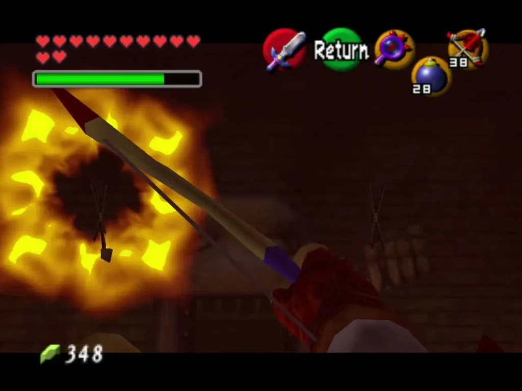 A Fire Arrow bursts into flame as it strikes a torch in the Shadow Temple