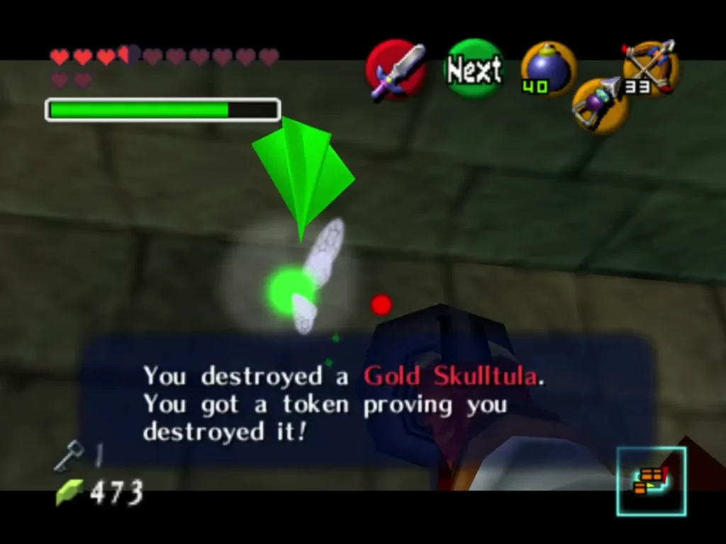 Link destroying a Gold Skulltula, with the message that he got a token proving it
