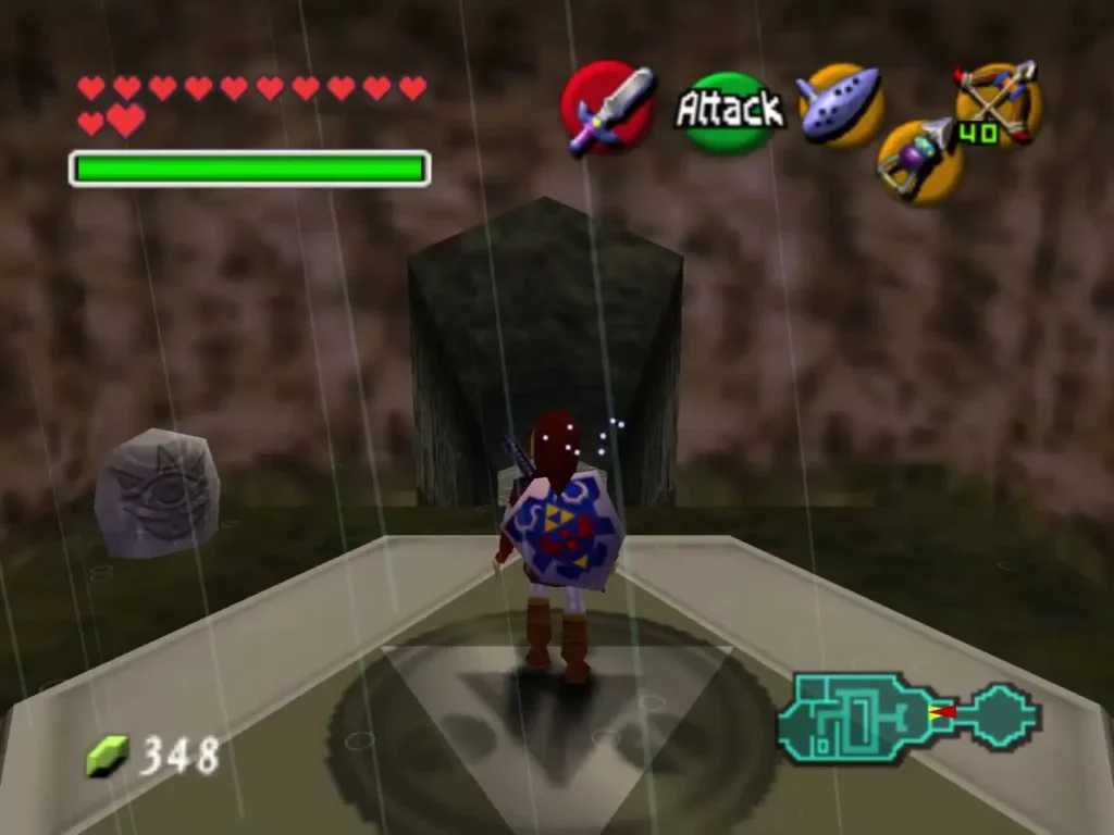 Link standing on the Graveyard ledge in the rain after the Nocturne warp