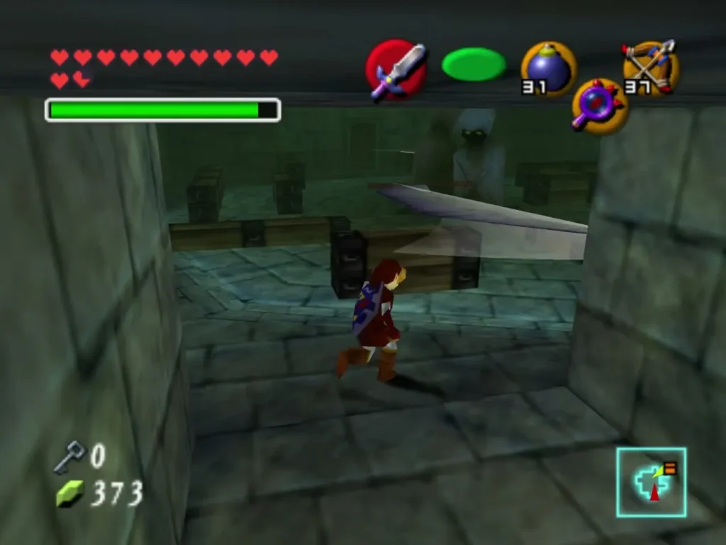 Link running across a stone room as a long guillotine blade rises beside him