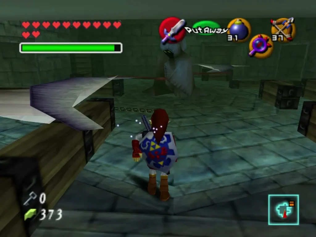 A guillotine blade swings across a stone room while Link stands at the edge of its path