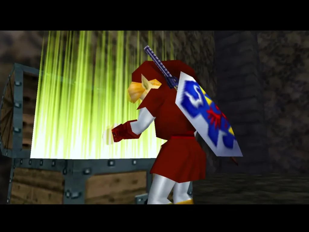 Link opening a chest in a stone room, light pouring out as he reaches inside