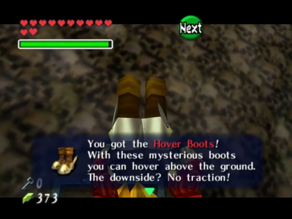 Link holding up the Hover Boots as the item message appears