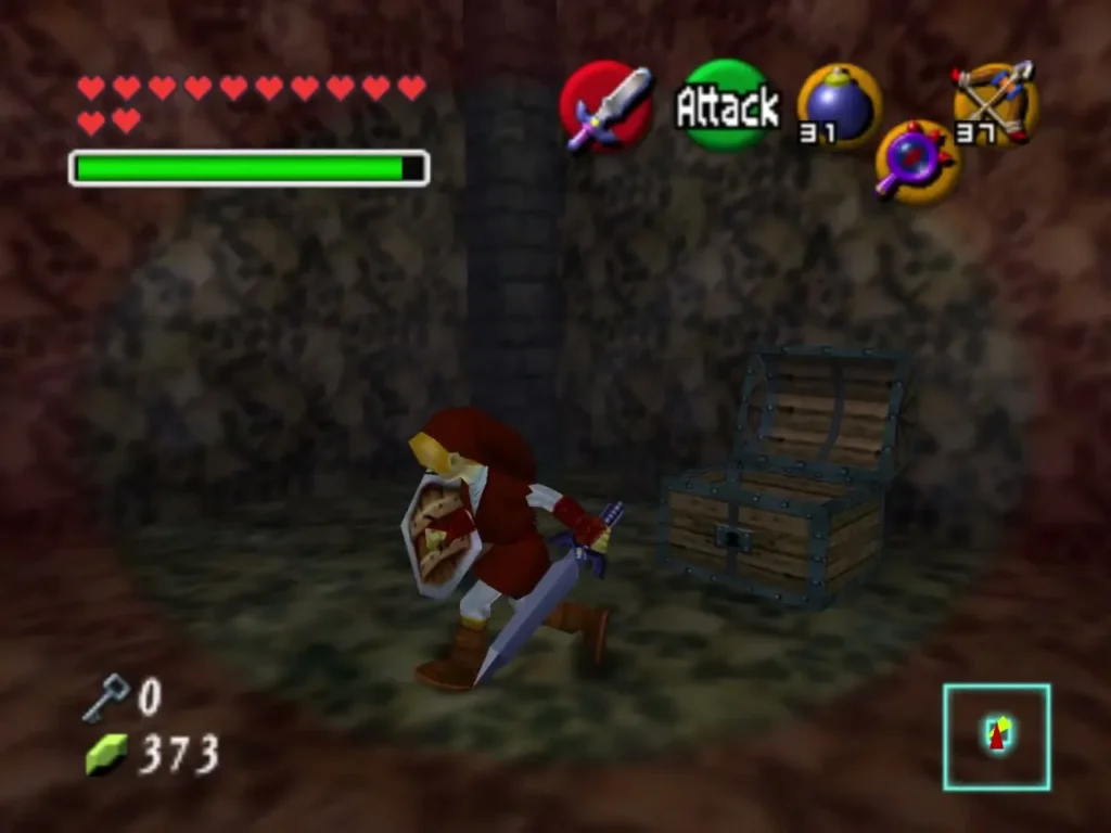 Link beside a wooden chest revealed by the Lens of Truth in a red-lit stone room