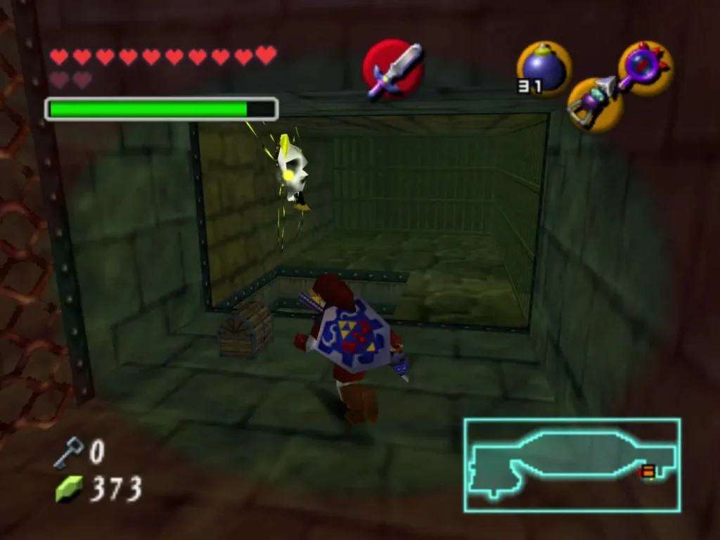Link using the Lens of Truth beside a Red Bubble in Shadow Temple