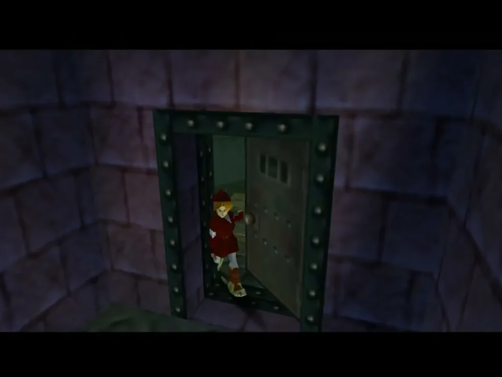 Link stepping through an open locked door in Shadow Temple