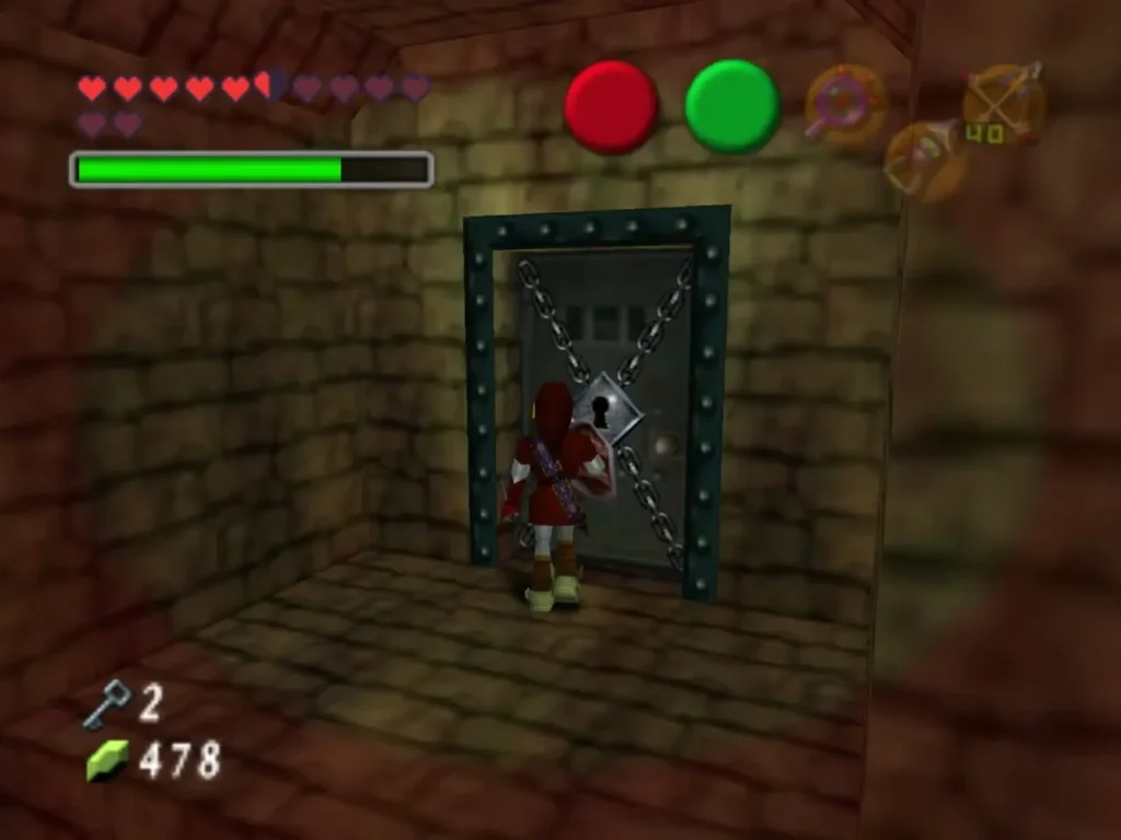 Link facing a chained locked door with a keyhole in Shadow Temple