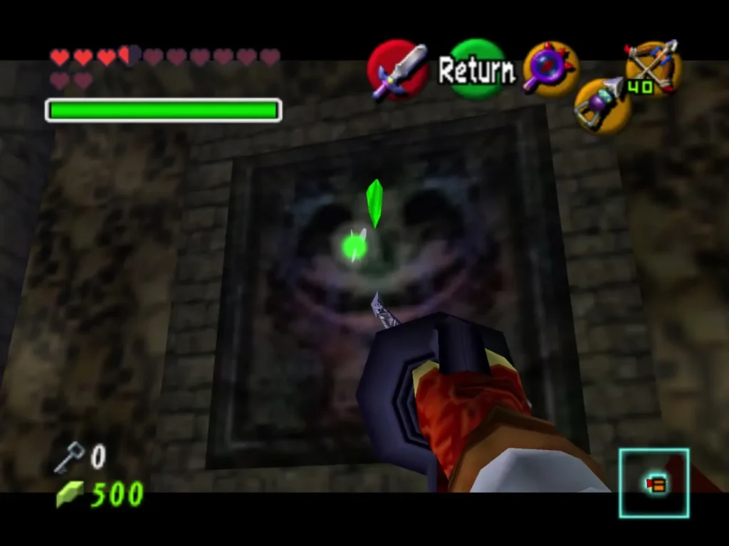 Link with the Longshot hook extended toward a carved face in the wall