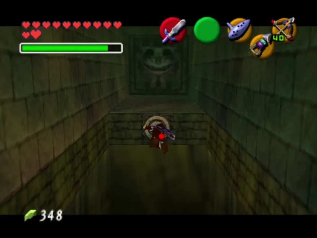 Link aiming the Longshot at a target above a deep pit in the Shadow Temple