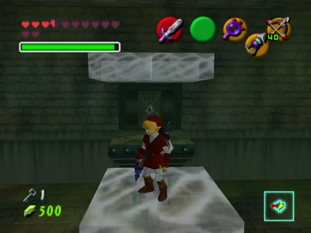 Link standing on a moving platform in front of a Shadow Temple door