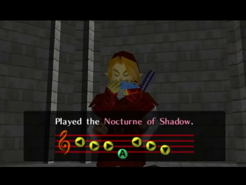 Adult Link playing the Nocturne of Shadow on the Ocarina in a stone chamber