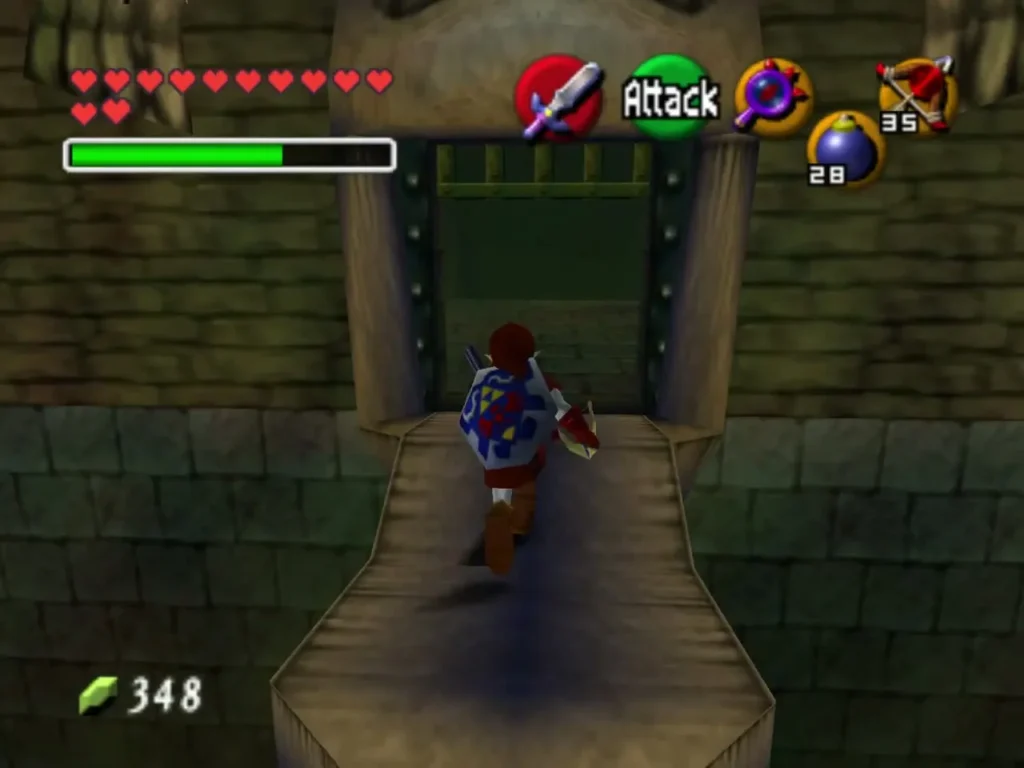 Link crossing a raised stone platform toward a sealed door in the Shadow Temple