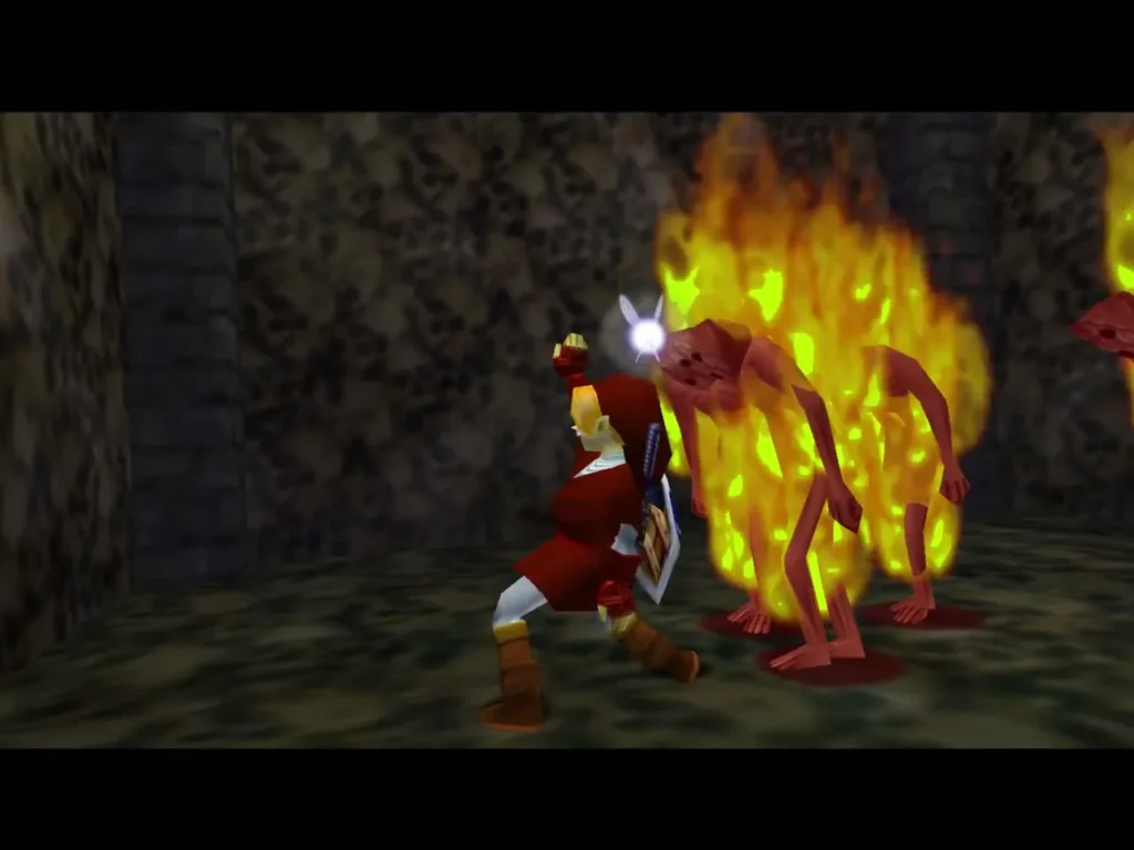 Link running past Redeads engulfed in the flames of Din's Fire