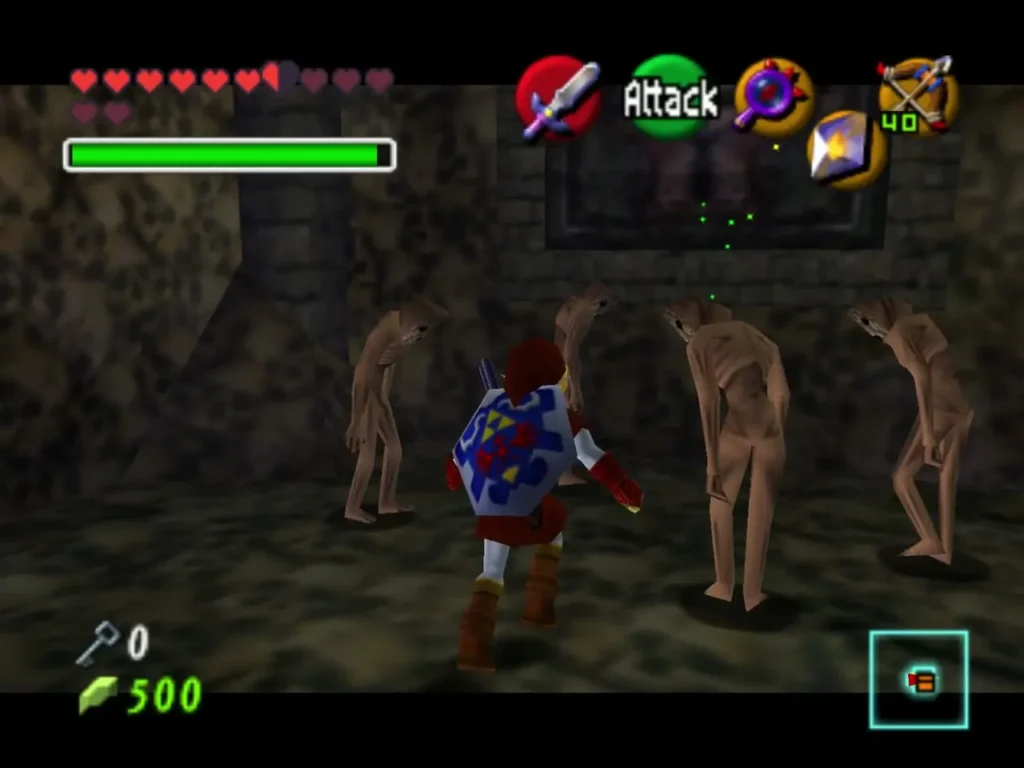 Link surrounded by four Redeads in a Shadow Temple room