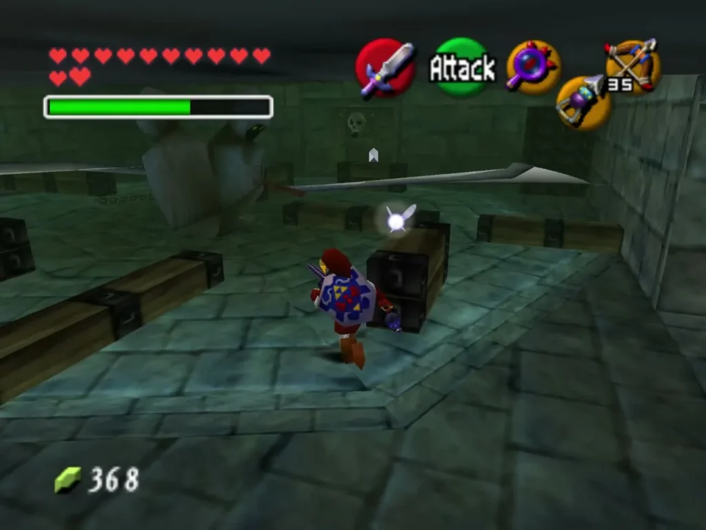 Link running through a stone room past a large swinging scythe blade