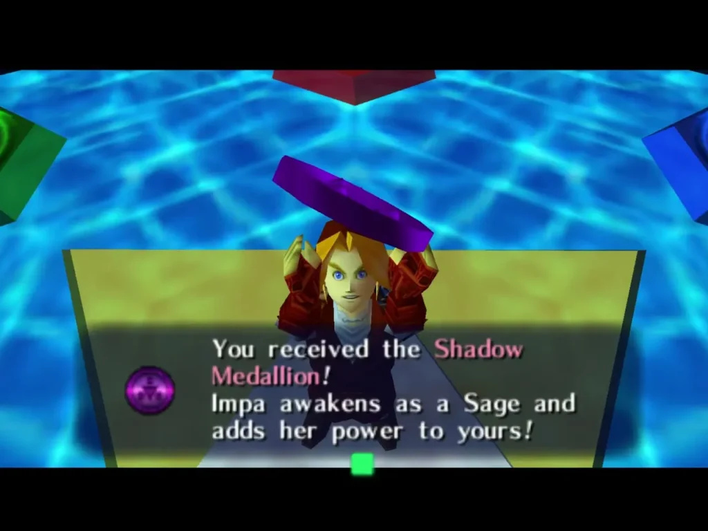 Link holds the Shadow Medallion overhead as the You received the Shadow Medallion message finishes