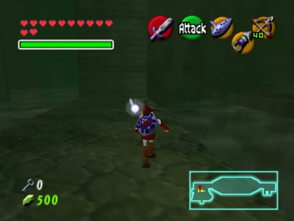 Link walking through the dim corridor near the fallen bird statue