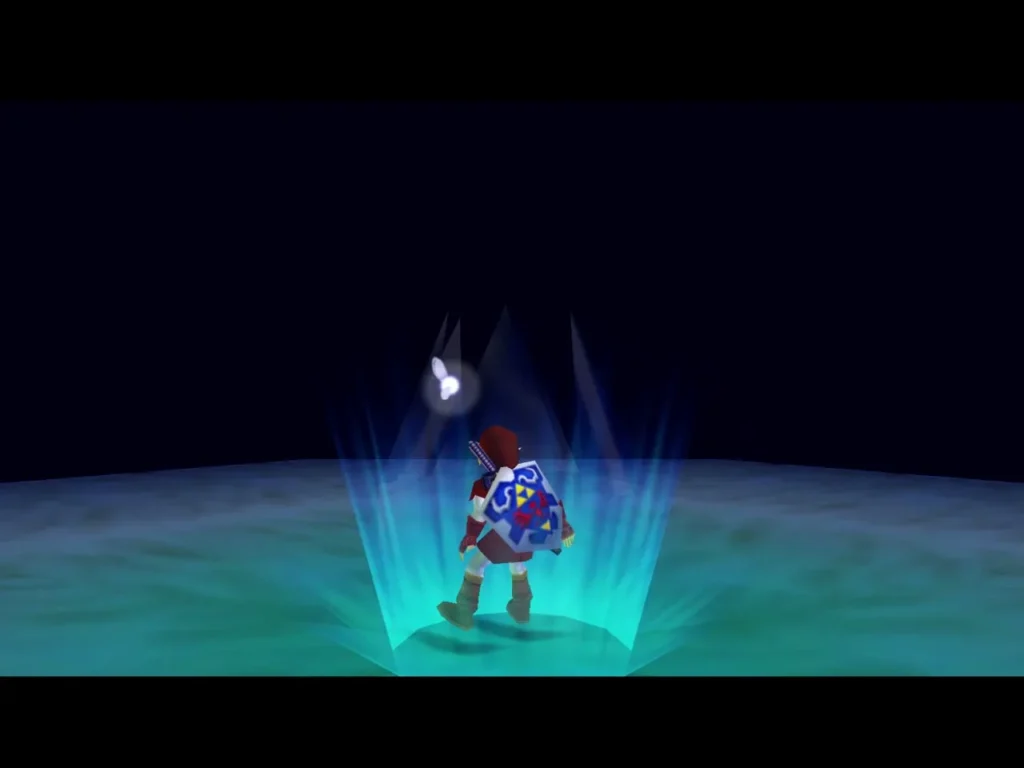 Link standing inside a blue warp light beam after the boss