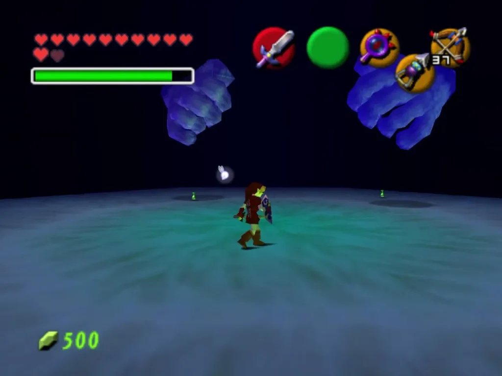 Link standing between two stunned blue Bongo Bongo hands on the drum