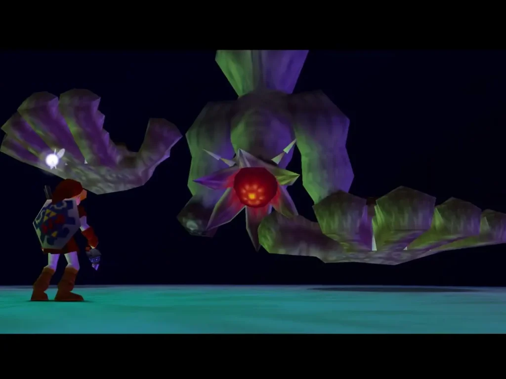 Link facing the purple Bongo Bongo hands and eye in the boss arena