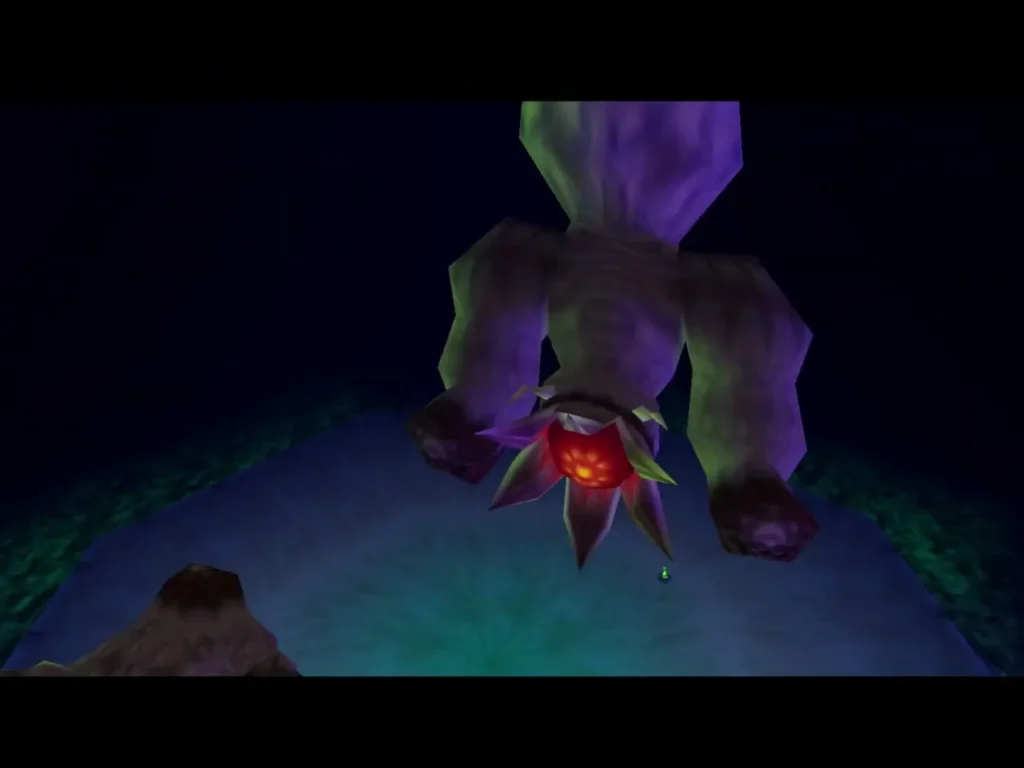 Bongo Bongo lowered over the drum with its red eye exposed