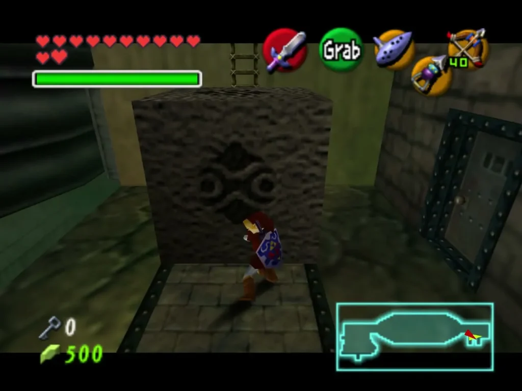 Link pulling the carved brown block in front of a ladder in Shadow Temple