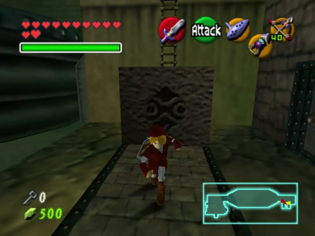 Link beside a carved block in a Shadow Temple room with a metal door on the right