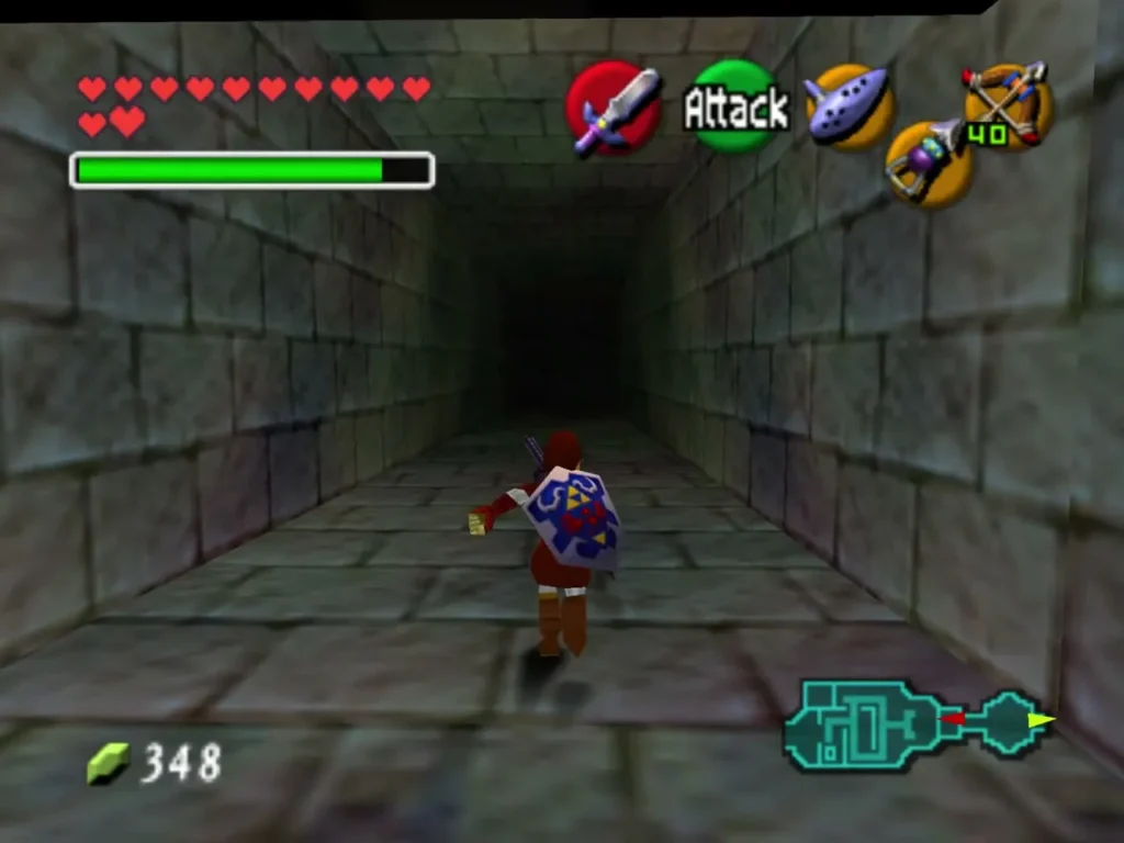 Link walking down a narrow stone corridor inside the Shadow Temple
