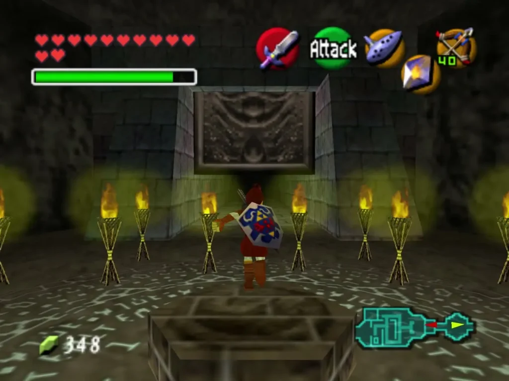 Link standing in the torch-lit Shadow Temple entrance room before a sealed door