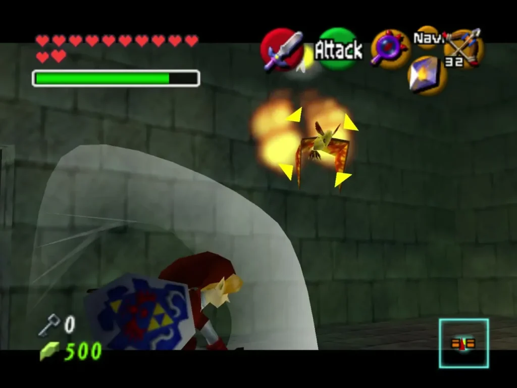 Link facing a Fire Keese beside burning spiked walls in Shadow Temple