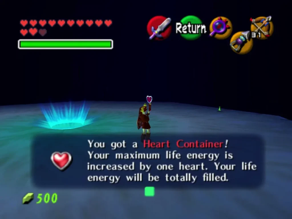 Link holding up a Heart Container over his head in the boss arena
