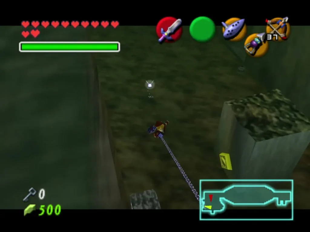 Link aiming the Hookshot toward a stone platform