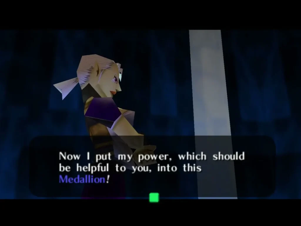 Impa speaking to Link in the Chamber of Sages, beside a dialogue box